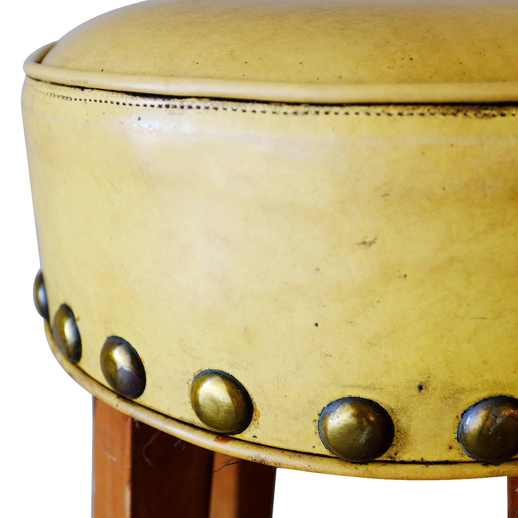 Brass Mid Century Yellow Bar Stools with Round Footrest, Set of Three