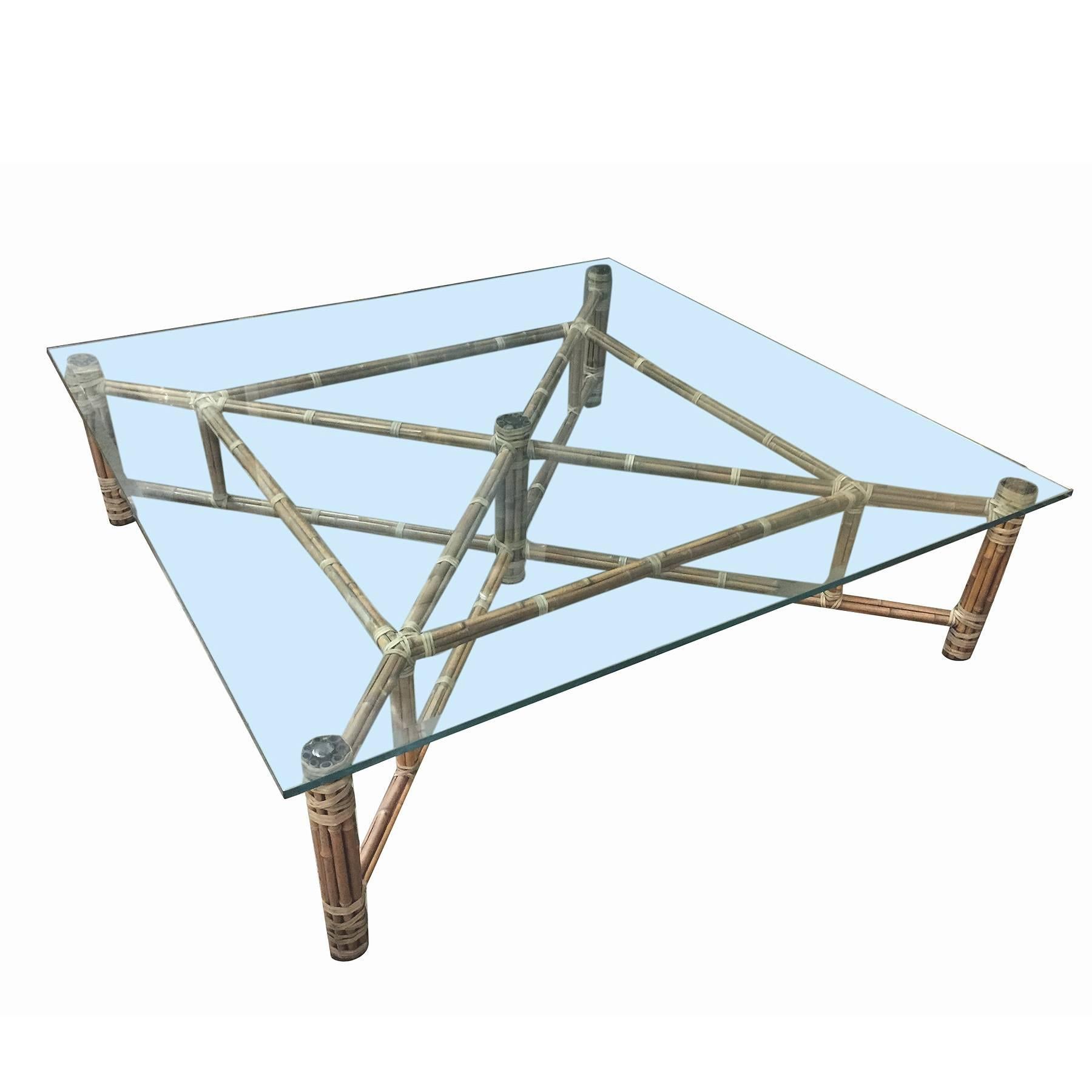 Large Bamboo and Glass Square Coffee Table by John McGuire For Sale