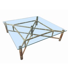 Vintage Large Bamboo and Glass Square Coffee Table by John McGuire