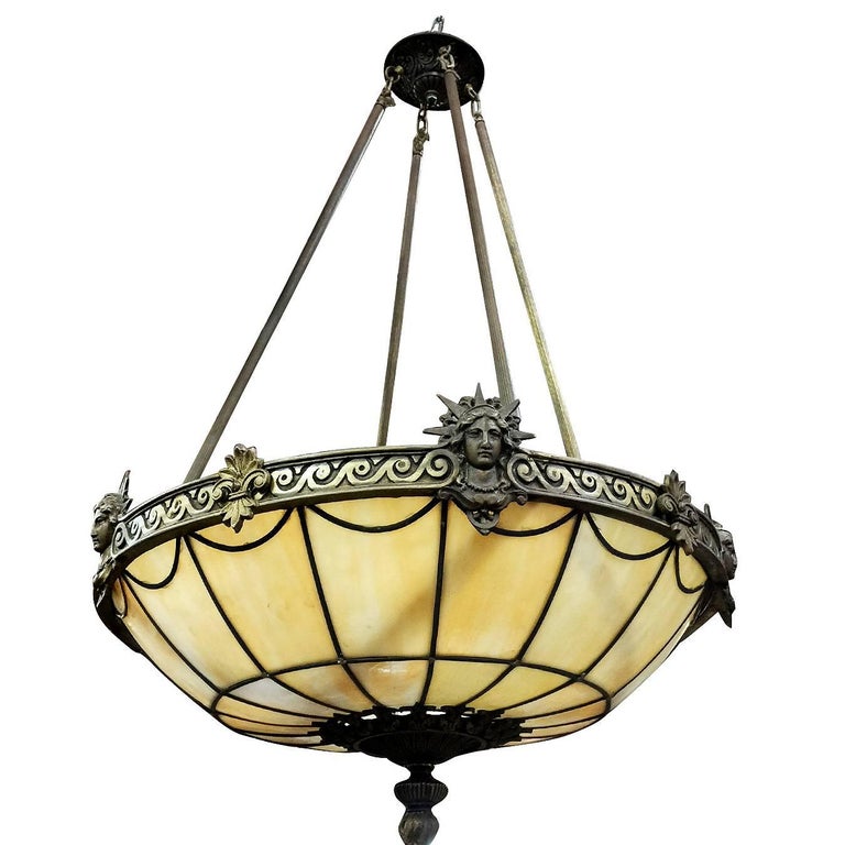 Art Deco Inspired Bronze Liberty Stained Glass Chandelier