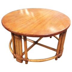 Vintage Restored Round Rattan Coffee Table with Mahogany Top
