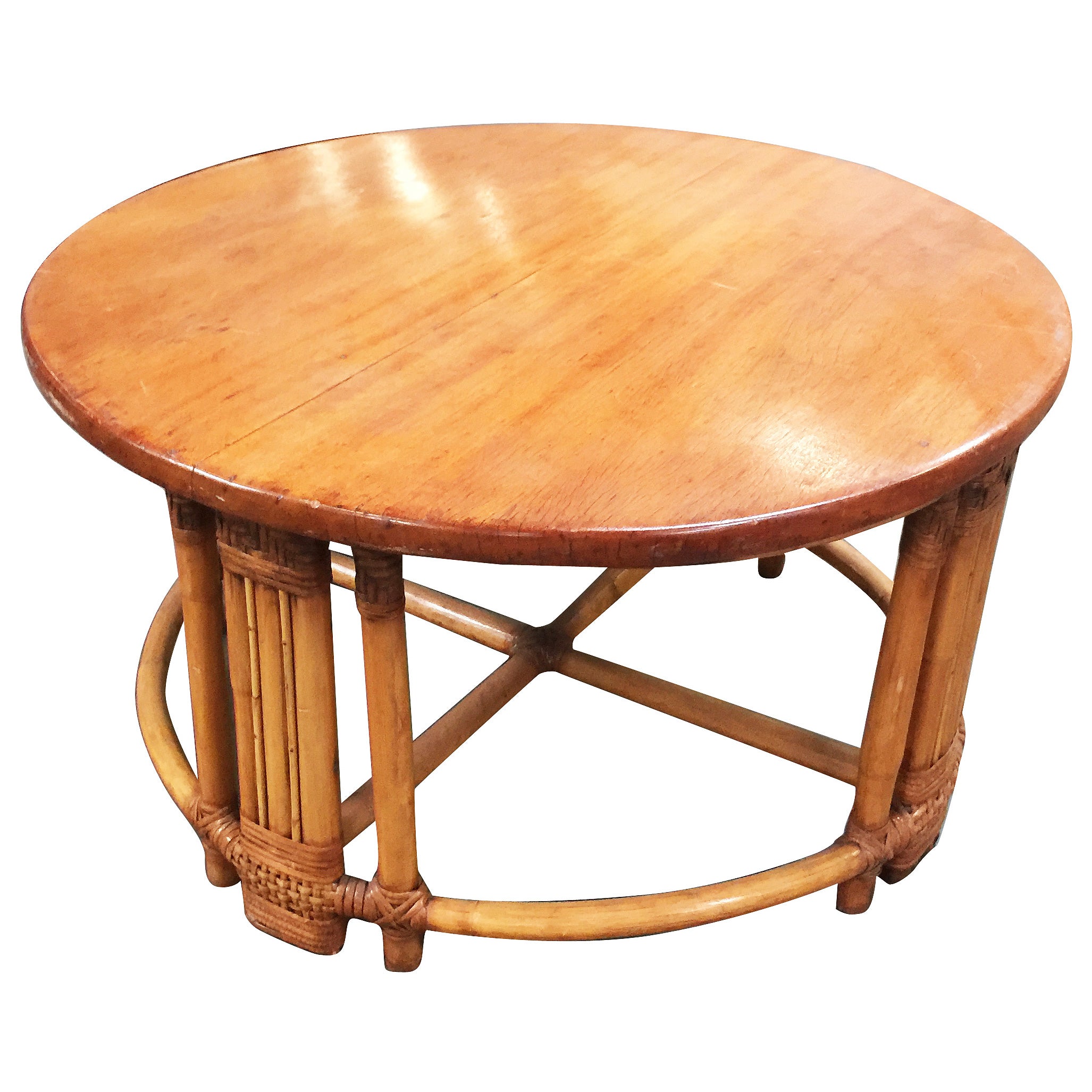 Restored Round Rattan Coffee Table with Mahogany Top For Sale at 1stDibs