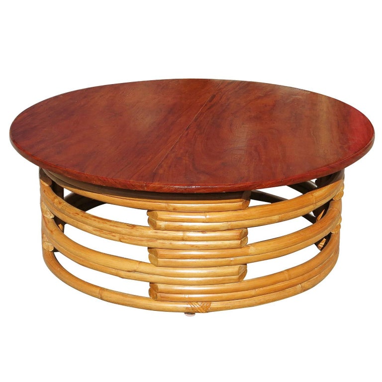 Restored Round Rattan Coffee Table with Mahogany Top For Sale at 1stDibs