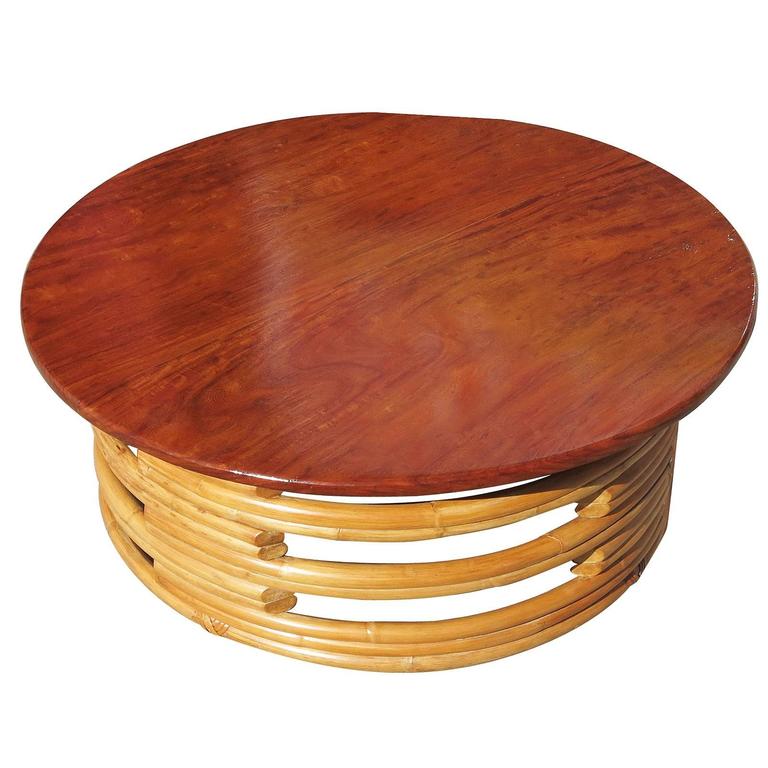 Restored Round Rattan Coffee Table with Mahogany Top For Sale at 1stdibs