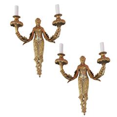Sculptural 24-Karat Finished Bronze Empire Greek Goddess Wall Sconce, Pair 1