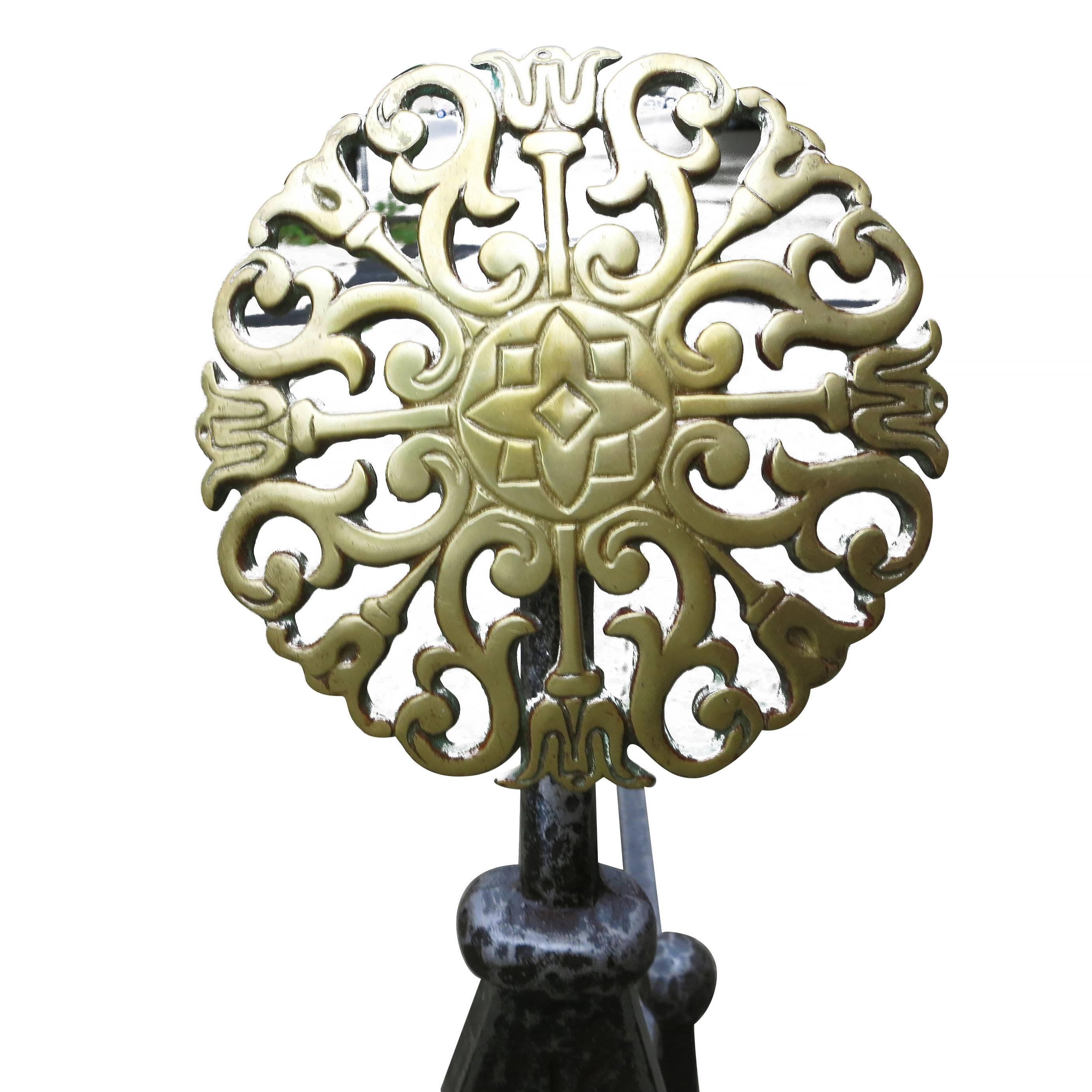 Colonial Style Iron and Brass Medallion Andirons, Set 1