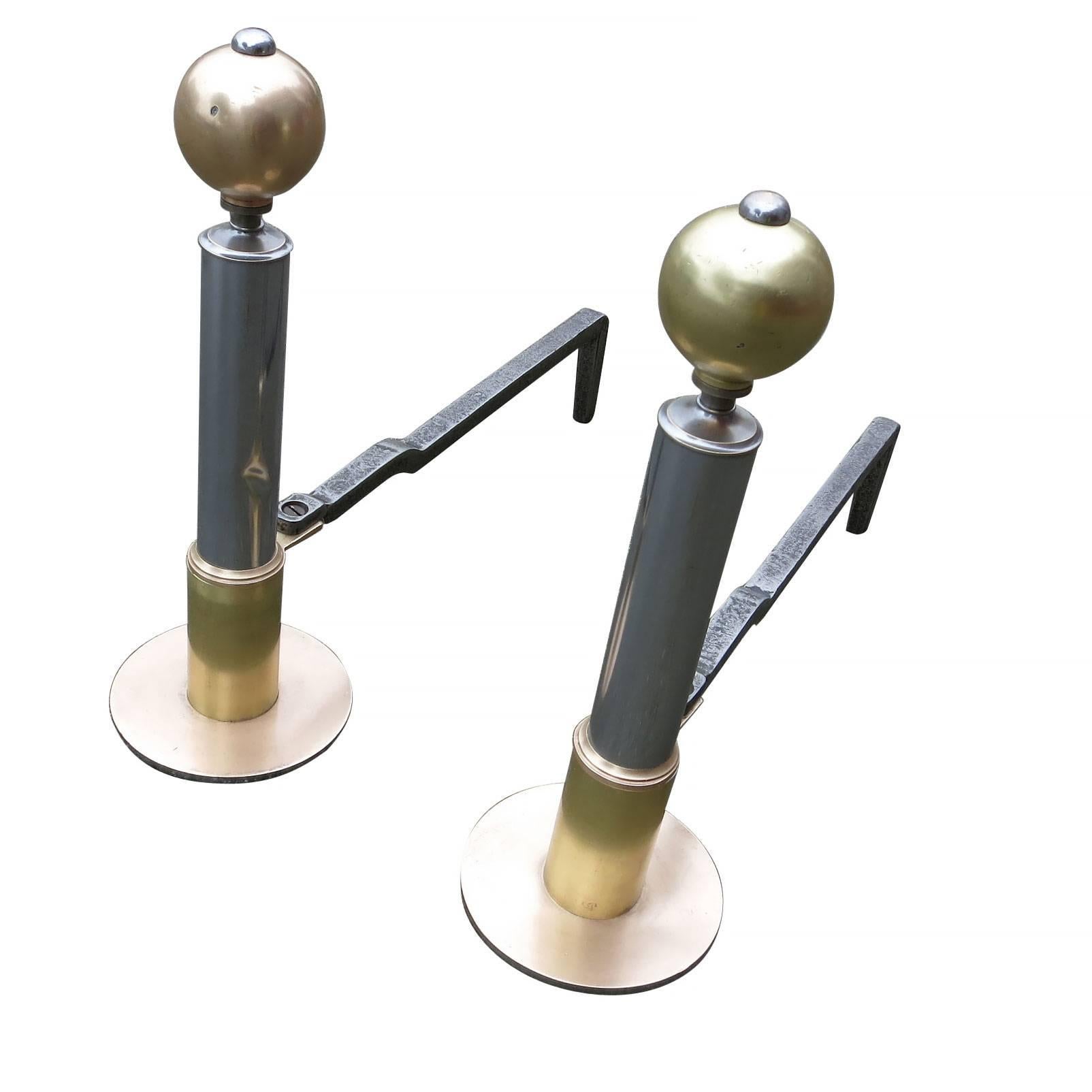 American Art Deco Chrome and Brass Geometric Andirons In Excellent Condition In Van Nuys, CA