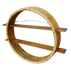 Restored Mid-Century Circular Rattan Wall Shelf with Mahogany Slats