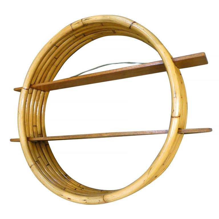 Restored MidCentury Circular Rattan Wall Shelf with Mahogany Slats at