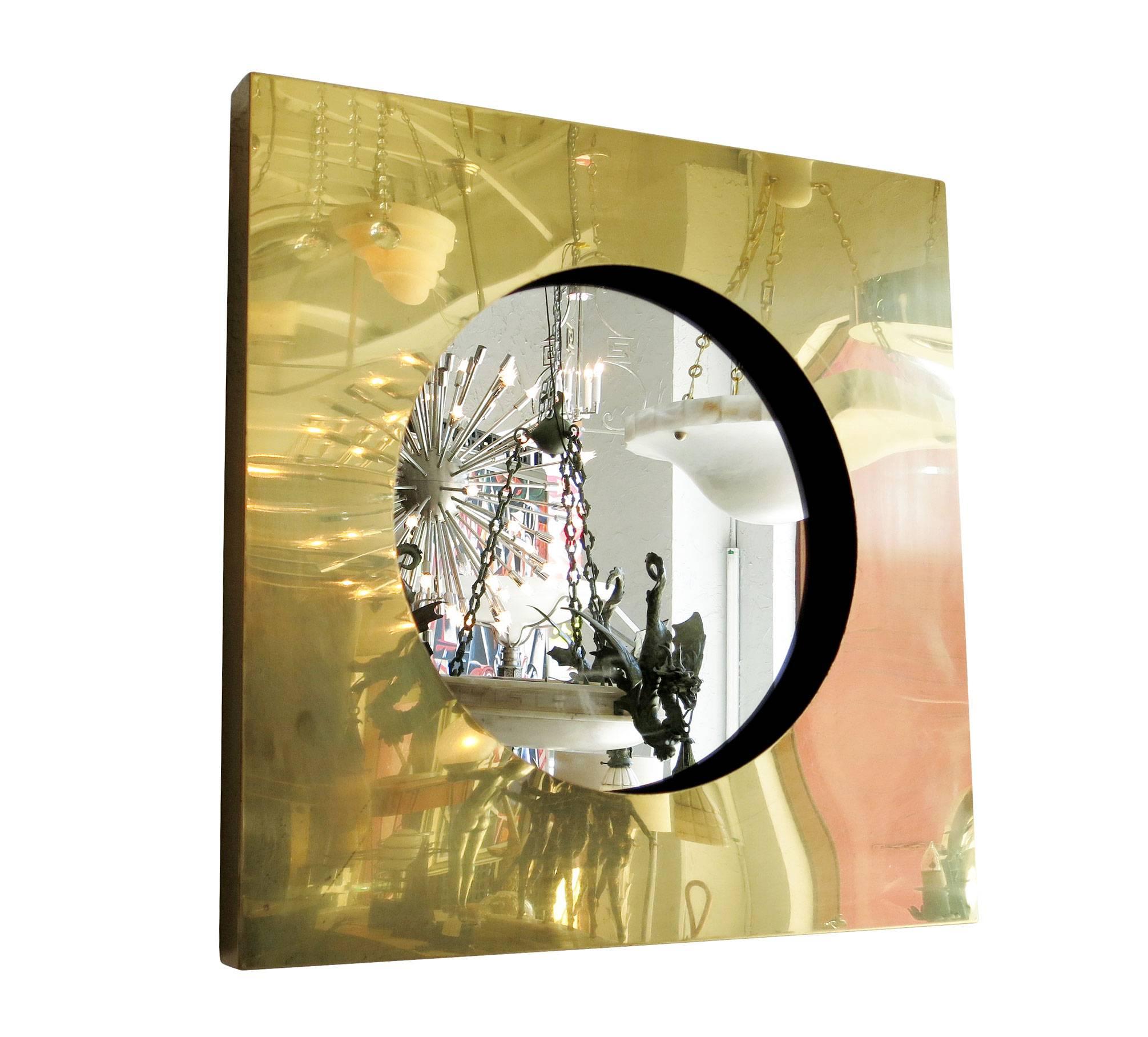Post-Modern Polished Brass Square Port Hole Mirror by Curtis Jere