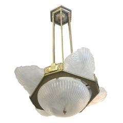 French Art Deco Styled Brass Chandelier with Frosted Shades ** Saturday Sale **