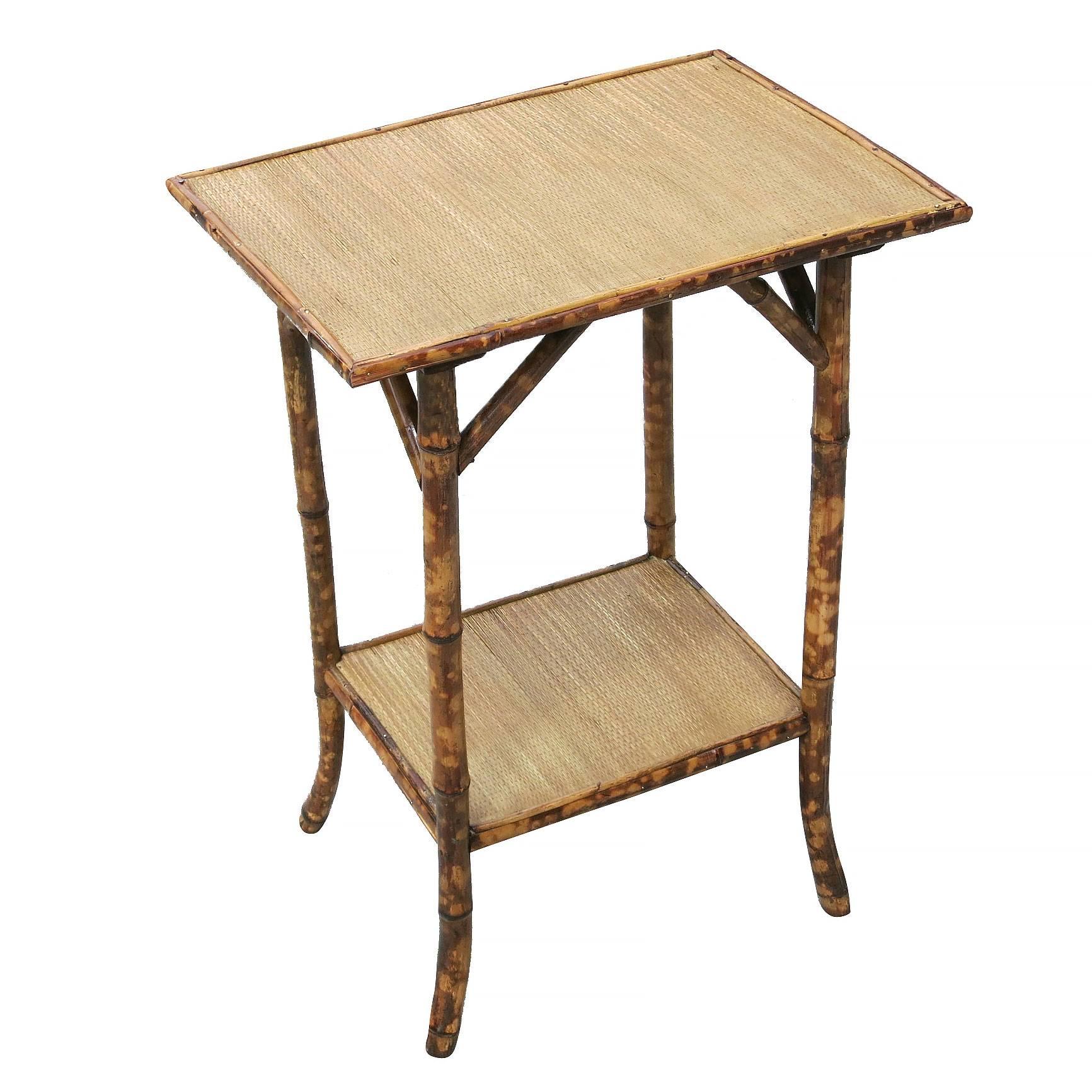 Restored Tiger Bamboo Pedestal Side Table with Bottom Shelf