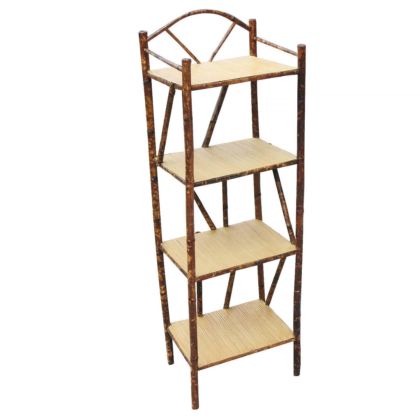Restored Tiger Bamboo Four-Tier Shelf Etagere with Top Arch For Sale