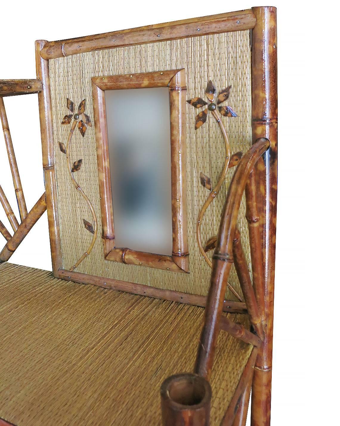 Early 20th Century Restored Bamboo Six-Tier Hallway Shelf Etagere with Vanity Mirror For Sale