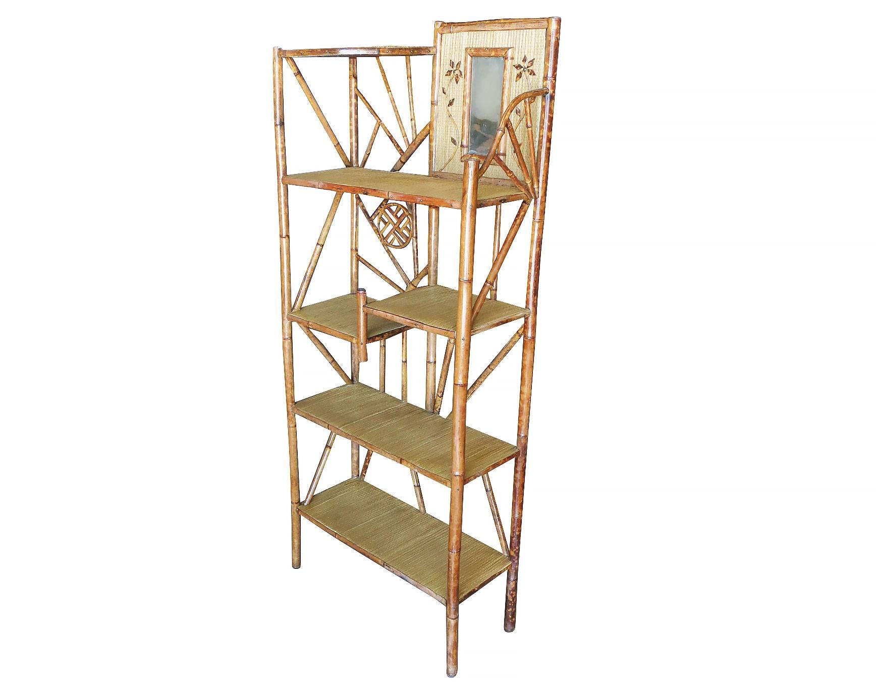 American Restored Bamboo Six-Tier Hallway Shelf Etagere with Vanity Mirror For Sale