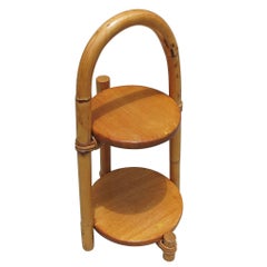 Restored Rattan Two-Tier Side Table Drink Shelf Stand