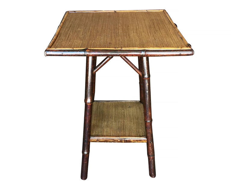 Restored Dark Stained Bamboo Pedestal Side Table with Bottom Shelf at