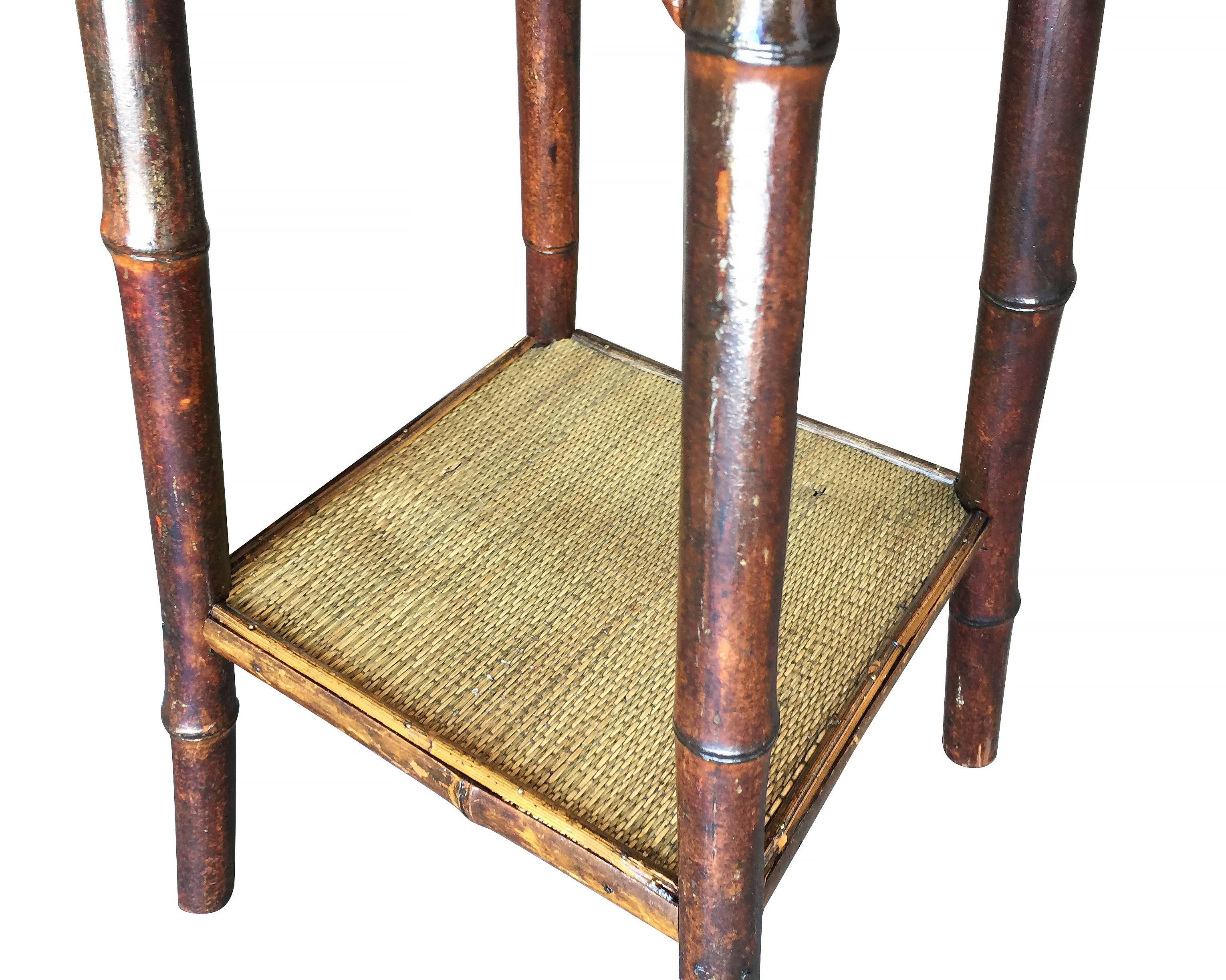 American Restored Dark Stained Bamboo Pedestal Side Table with Bottom Shelf