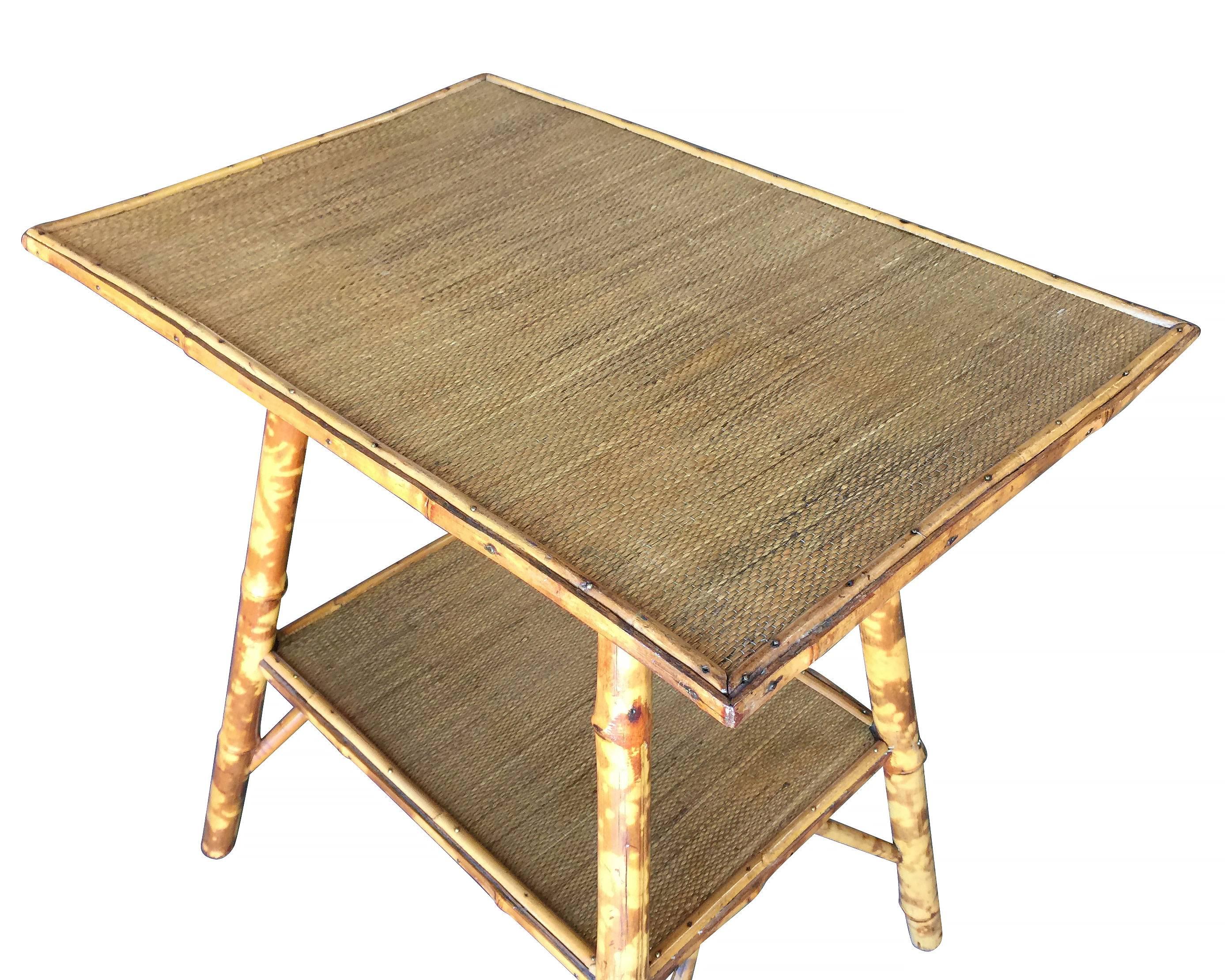 American Pedestal Side Table with Tiger Bamboo Frame with Bottom Shelf