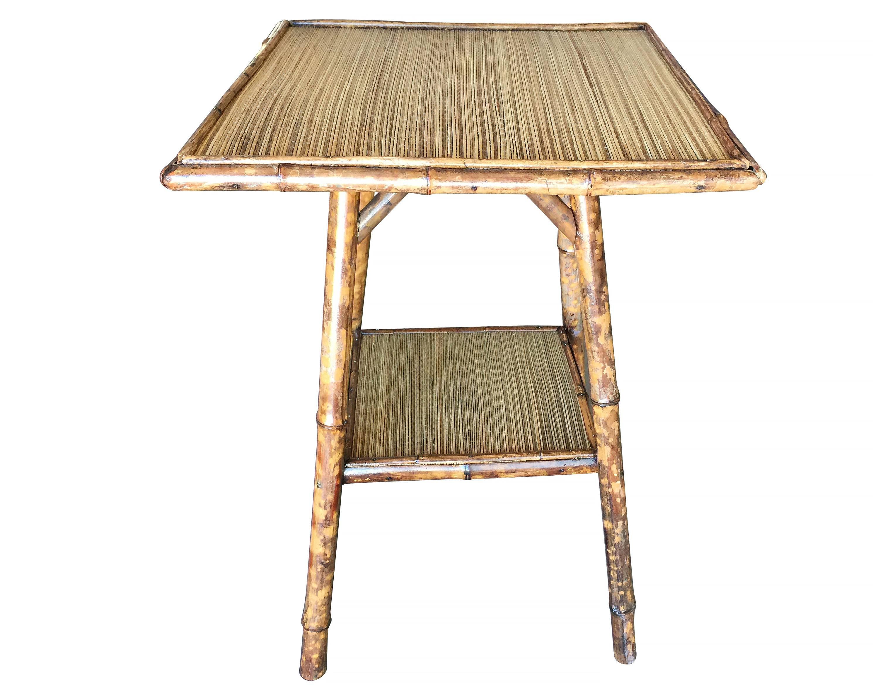 Late Victorian Restored Tiger Bamboo Pedestal Side Table with Slat Bamboo Top