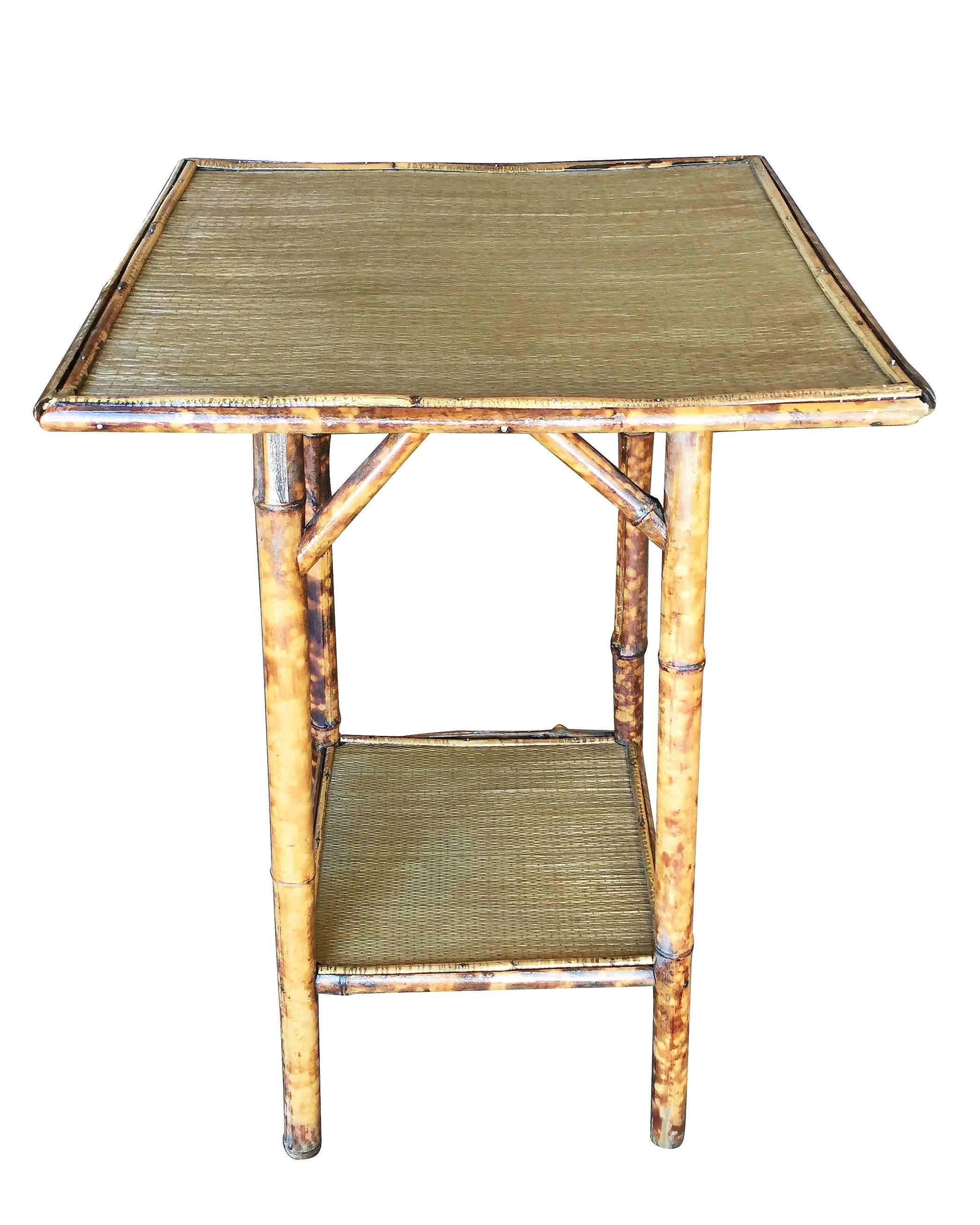 American Restored Tiger Bamboo Pedestal Side Table with Slat Bamboo Top
