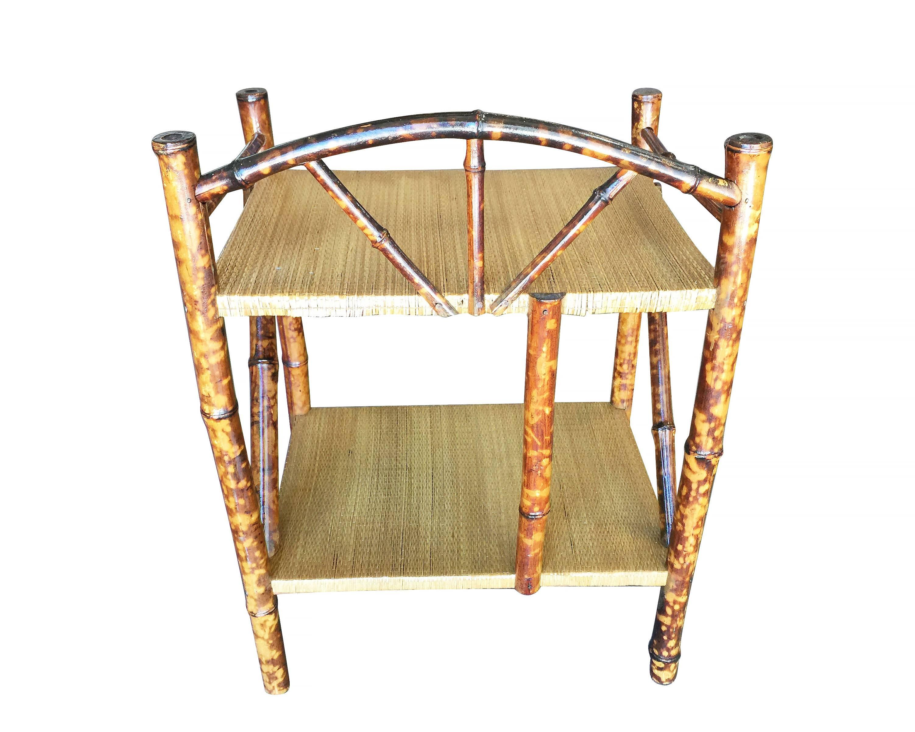 American Restored Tiger Bamboo Two-Tier Short Shelf with Bottom Shelf For Sale