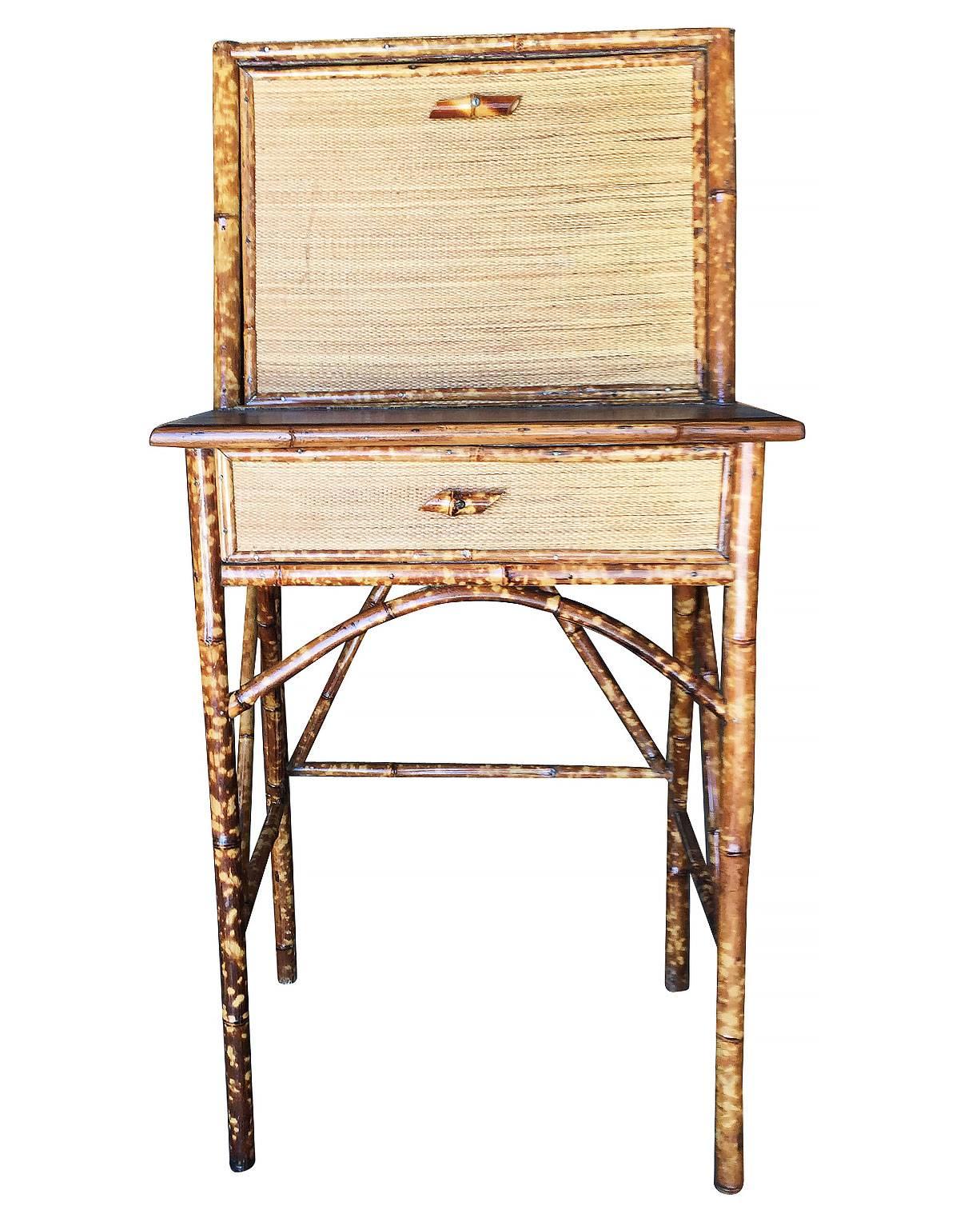 Late Victorian Restored Tiger Bamboo Secretary Desk with Ricemat Covering, Aesthetic Movement 