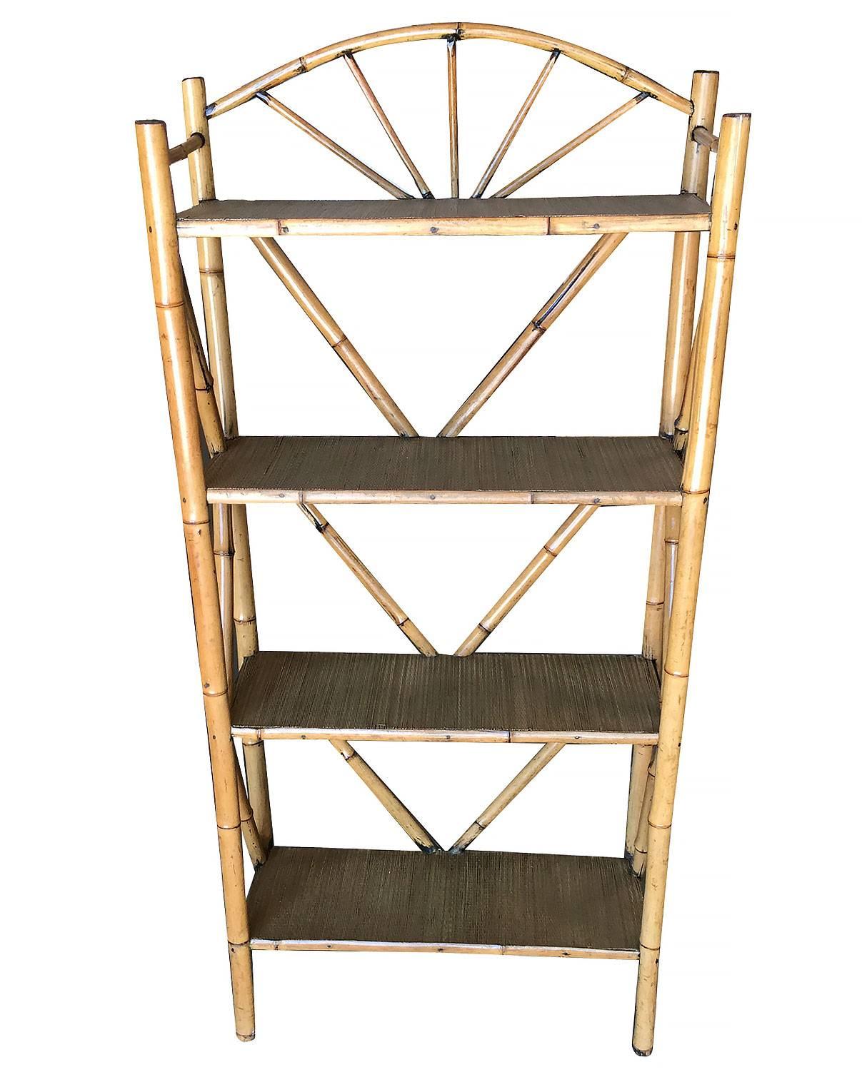 Antique circa 1900s four level tiger bamboo wall shelf with handwoven rice mat and unique arching top crown. 


Restored to new for you.

All rattan, bamboo and wicker furniture has been painstakingly refurbished to the highest standards with the