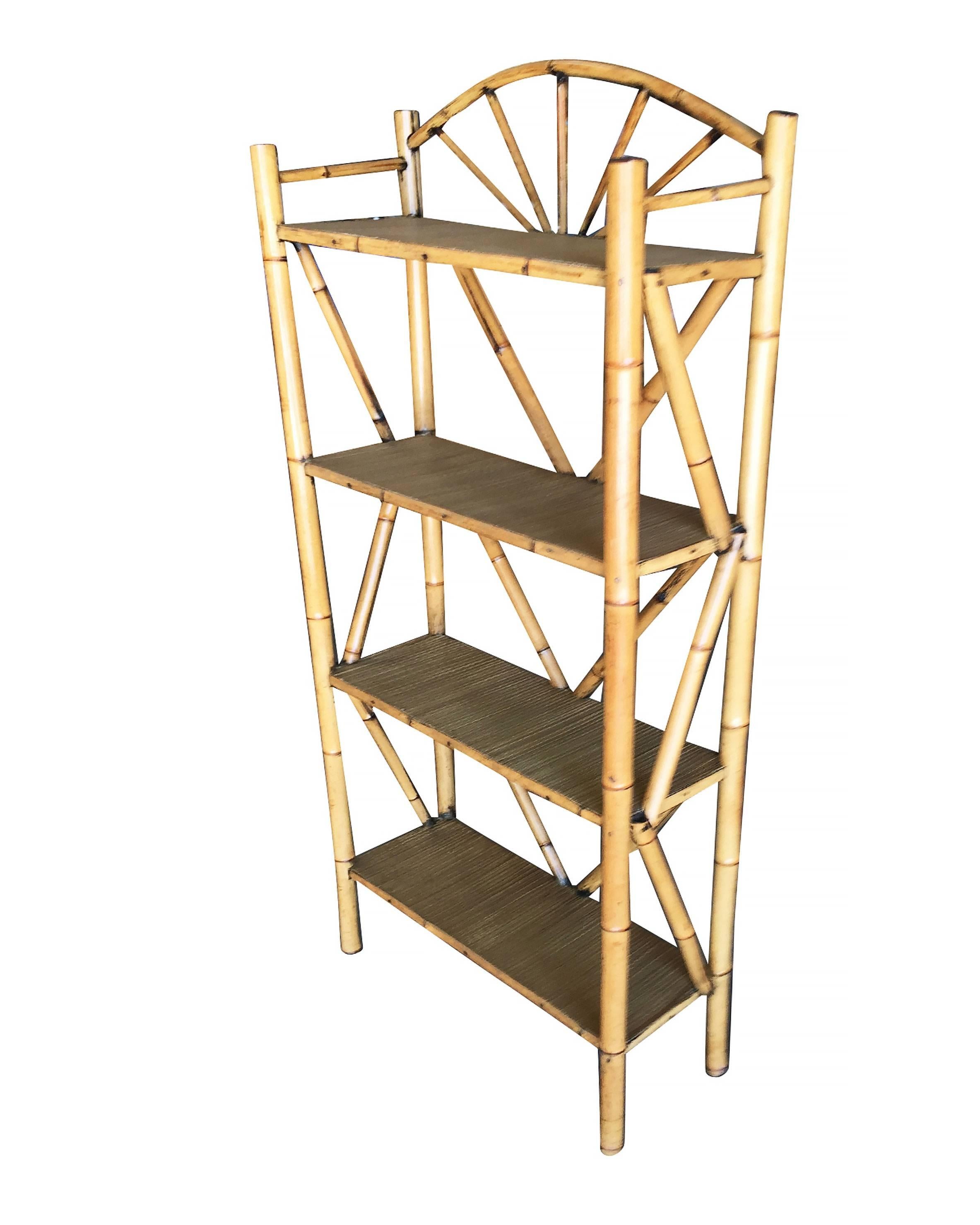 Late Victorian Restored Tiger Bamboo Four-Tier Corner Shelf Etagere with Top Crown For Sale