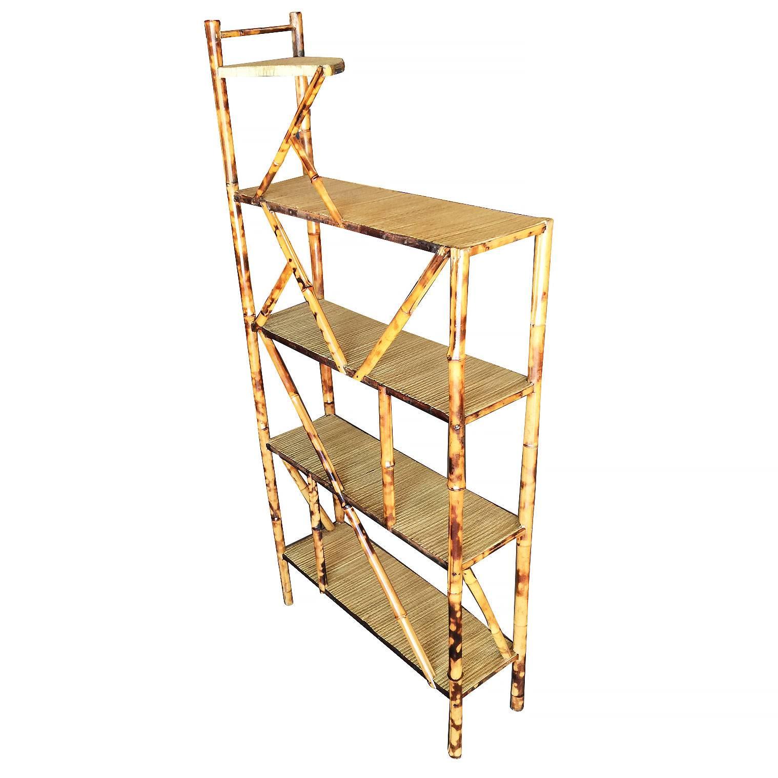 Late Victorian Restored Tiger Bamboo Five-Tier Book Shelf Etagere
