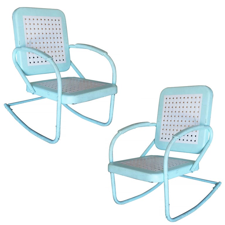 mid century woodard style steel garden rocking chair pair