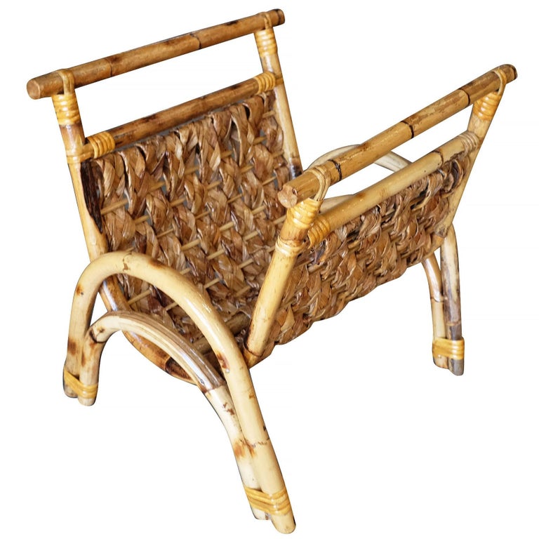 Restored Woven Wicker and Rattan Magazine Rack For Sale at 1stDibs