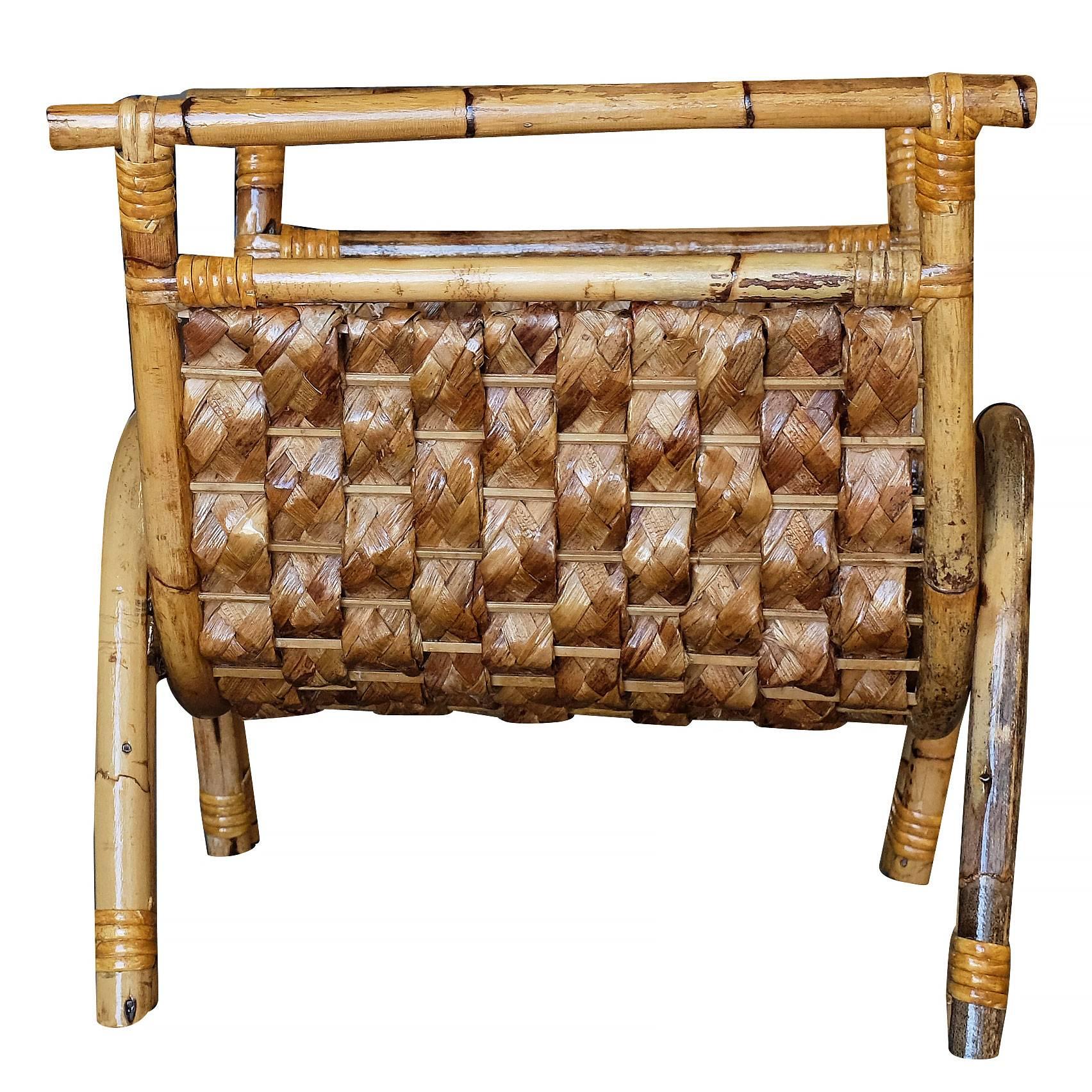 Restored Woven Wicker and Rattan Magazine Rack In Excellent Condition In Van Nuys, CA