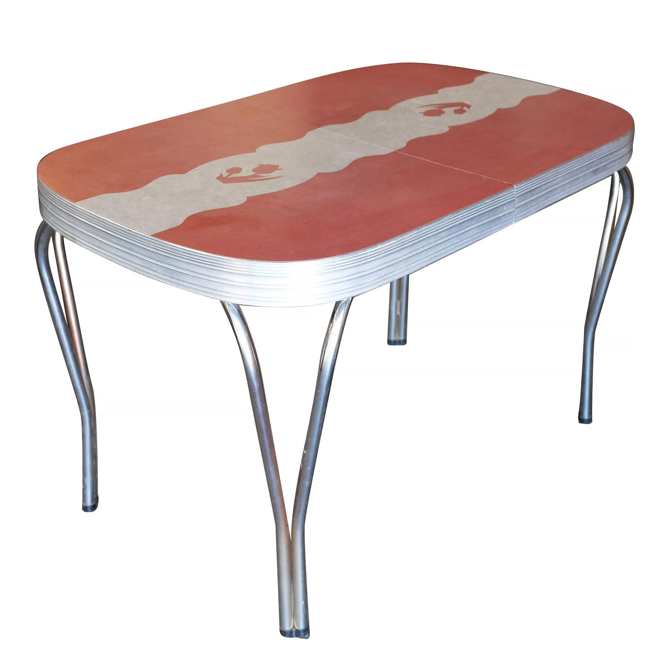 Mid-Century inlay floral Formica kitchen table with chrome round tubular legs.