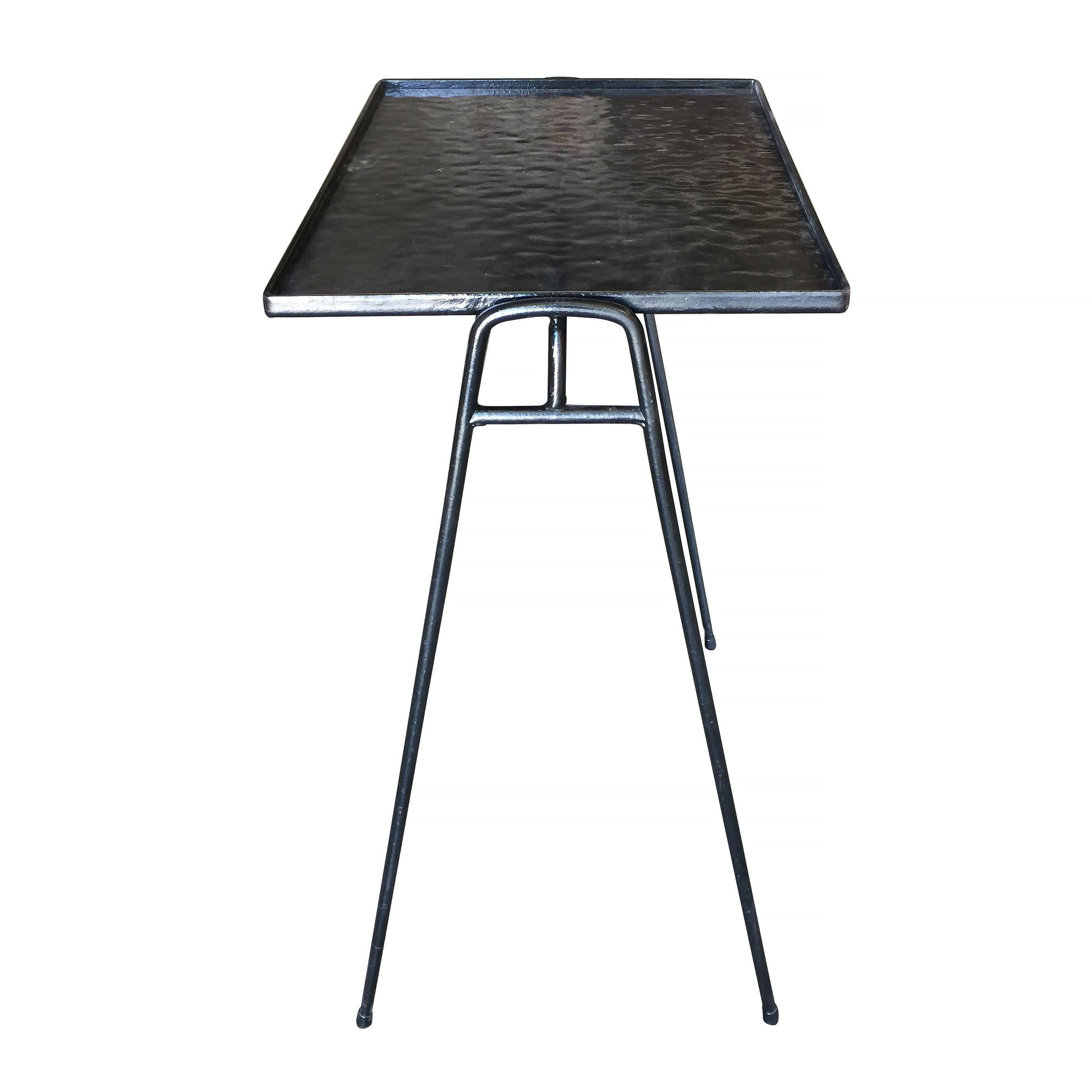 Set of three Frederic Weinberg style stackable side tables with iron hairpin legs and acrylic tops.

Measurements:
24.5
