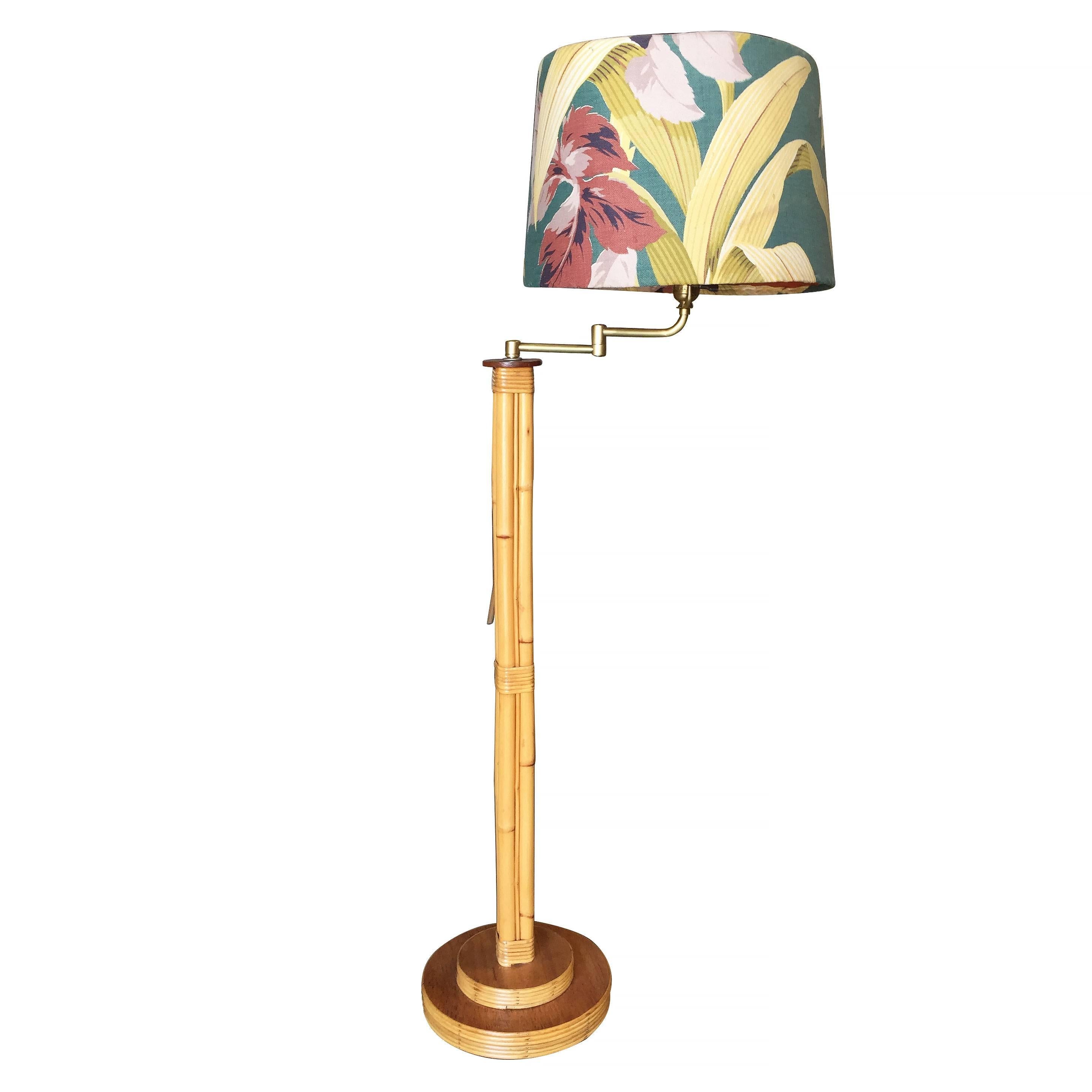 Restored Rattan Pole Reading Floor Lamp w/ Tropical Shade