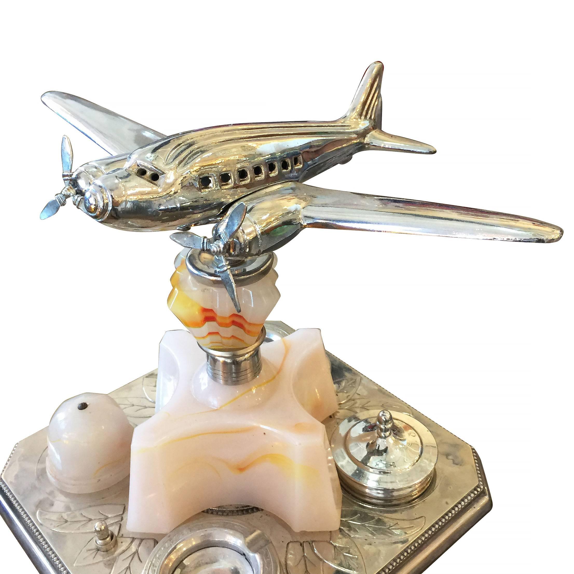 American Chrome and Art Deco Ashtray Stand with Light Up Plane