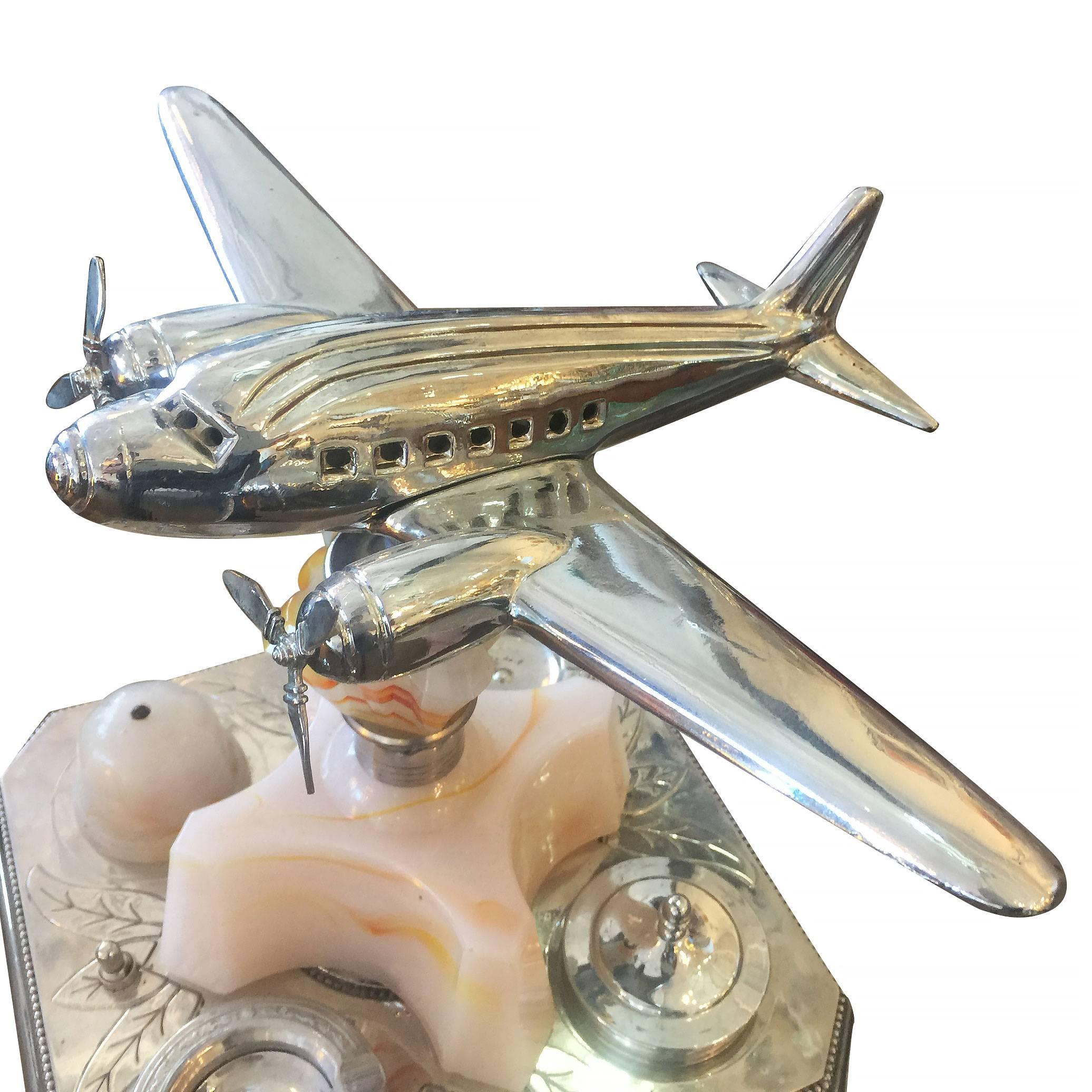Steel Chrome and Art Deco Ashtray Stand with Light Up Plane