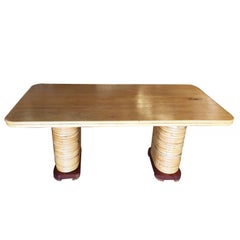 Restored Large Blonde Rectangle Rattan Dining Table with Mahogany Top