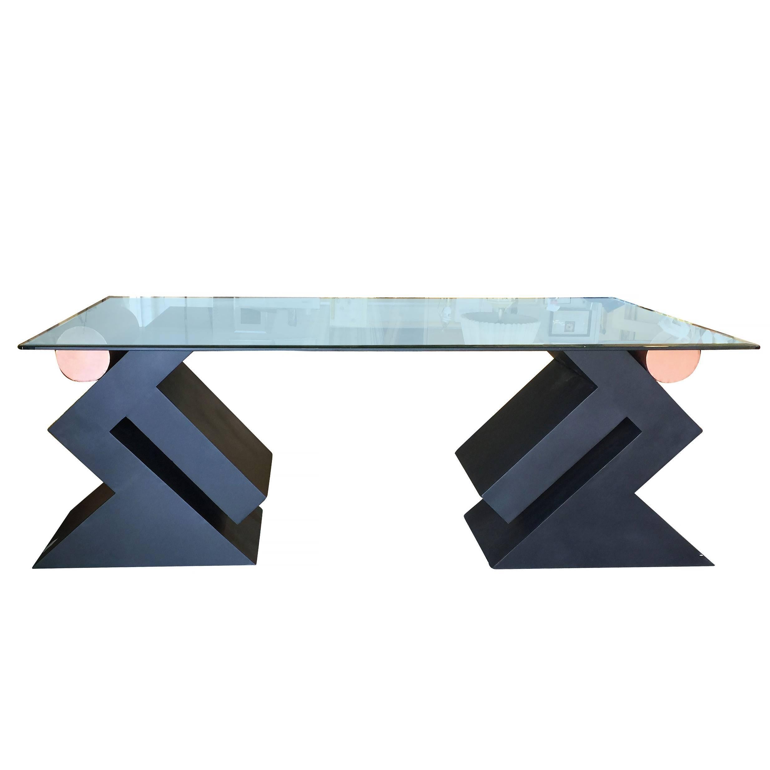 Large Memphis style glass top executive desk with two unique abstract steel sculptural bases and a large 72
