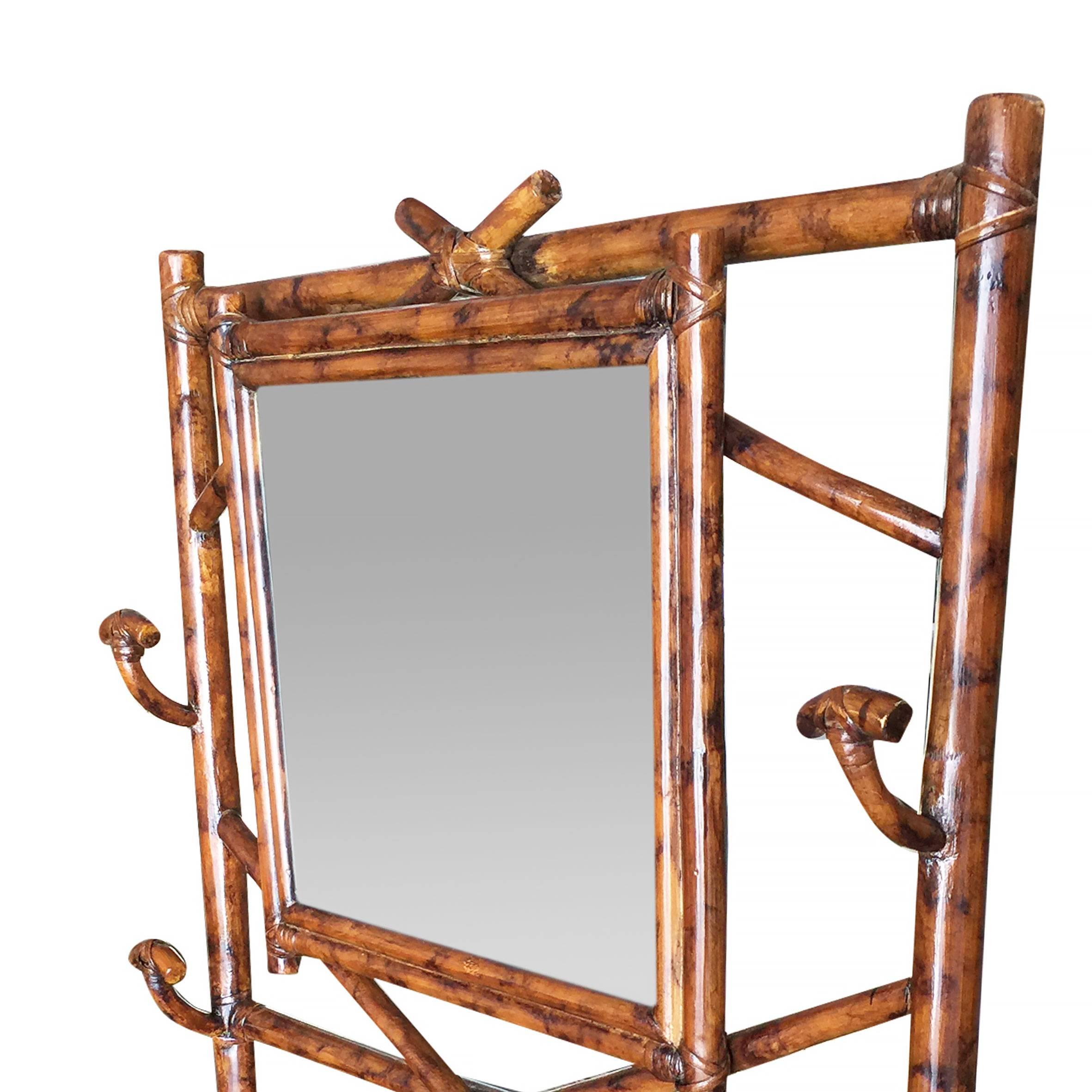 Restored Aesthetic Movement Tiger Bamboo Coat Rack Hall Tree with Mirror In Excellent Condition In Van Nuys, CA