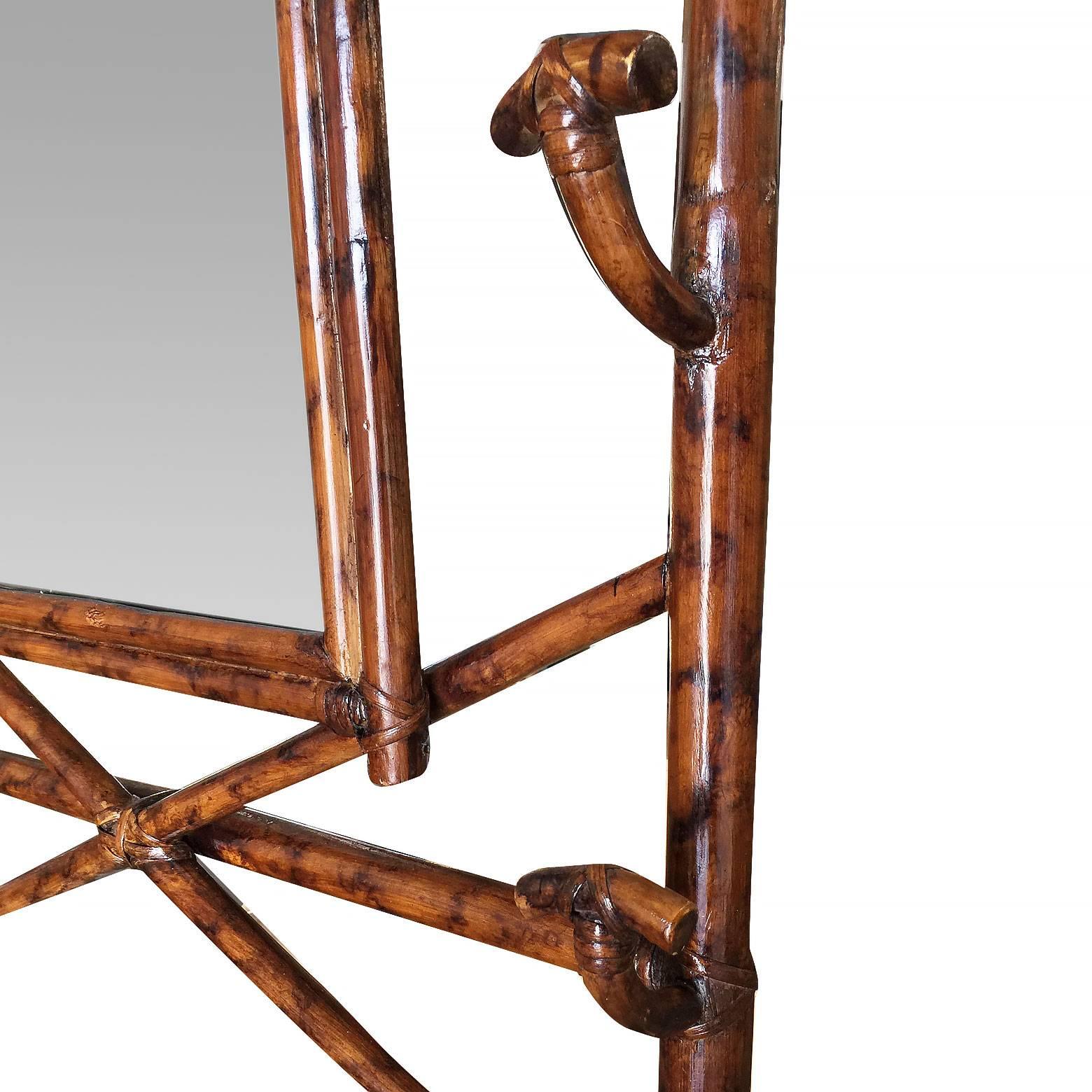 Early 20th Century Restored Aesthetic Movement Tiger Bamboo Coat Rack Hall Tree with Mirror