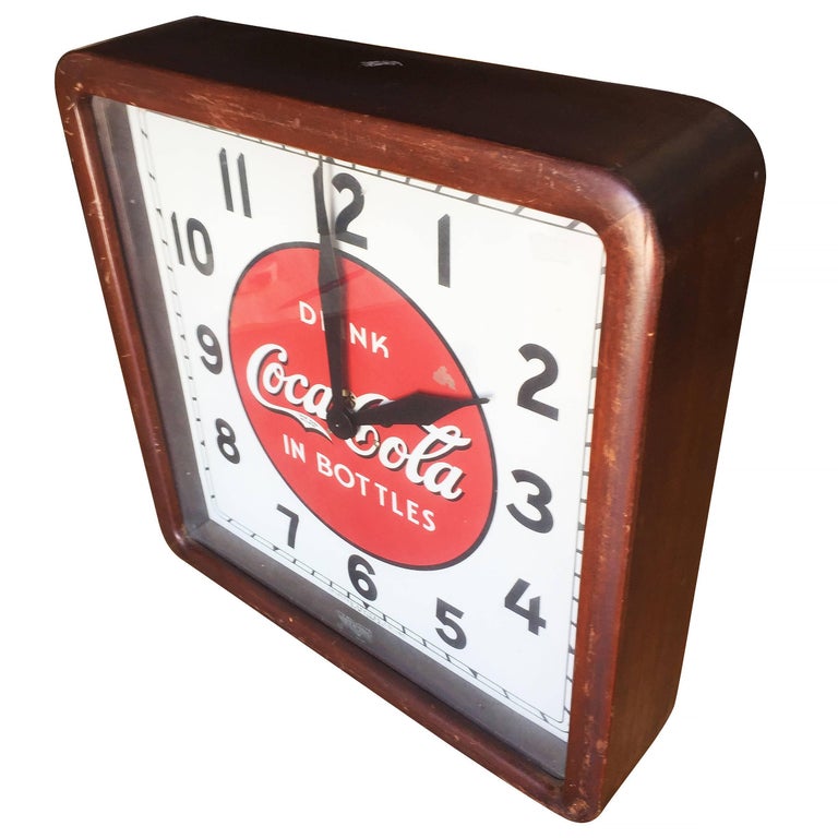 Art Deco CocaCola Wood Frame Wall Clock by Selected Devices For Sale