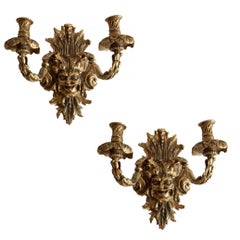 Empire Style Bacchus Face Bronze Candle Wall Sconce, Pair