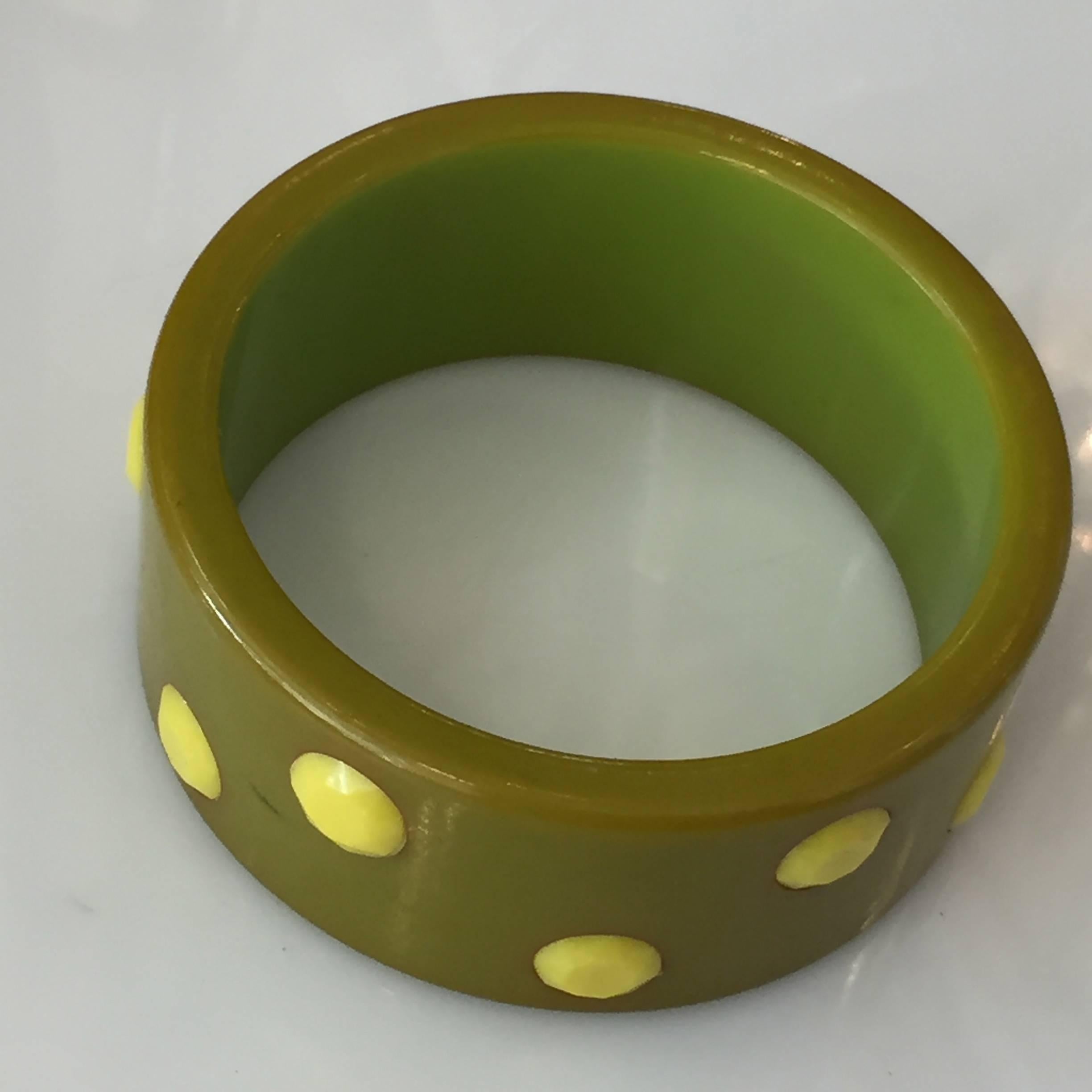 Art Deco Green and Yellow Polka Dot Celluloid Bakelite Bangle or Cuff Bracelet