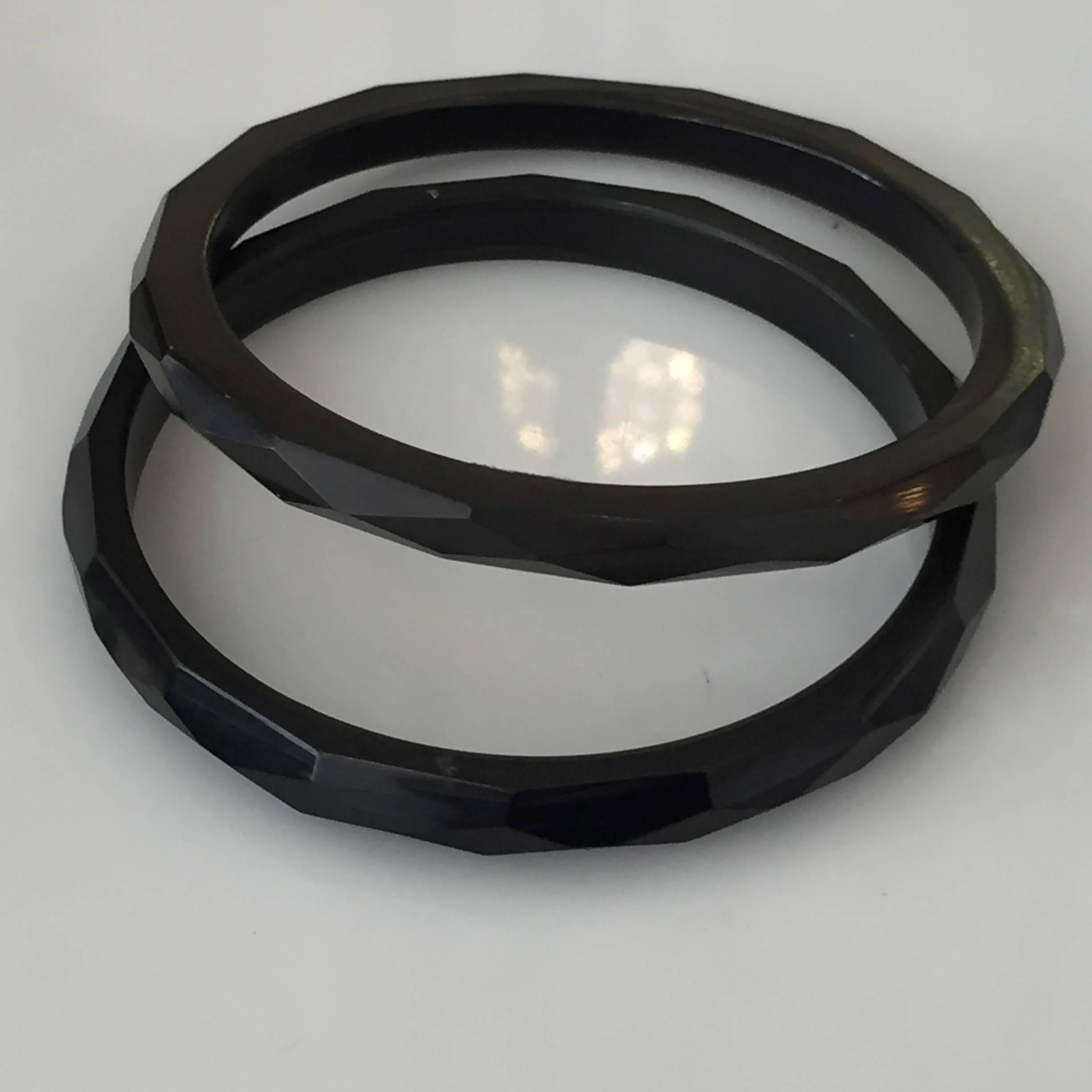 American Set of Two Black Facetted Bakelite Bangles Bracelets