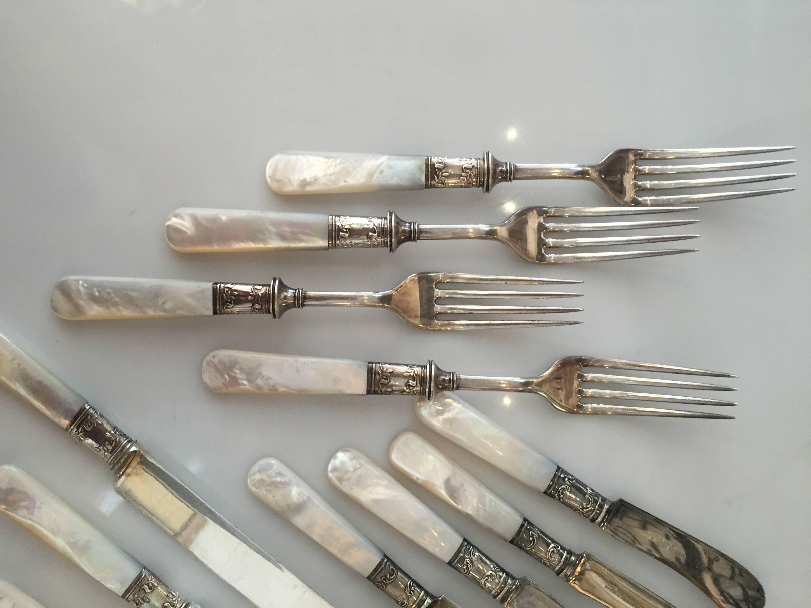 Victorian Antique Fish Flatware Set, Sterling Silver with Mother-of-pearl, Set of 18 For Sale