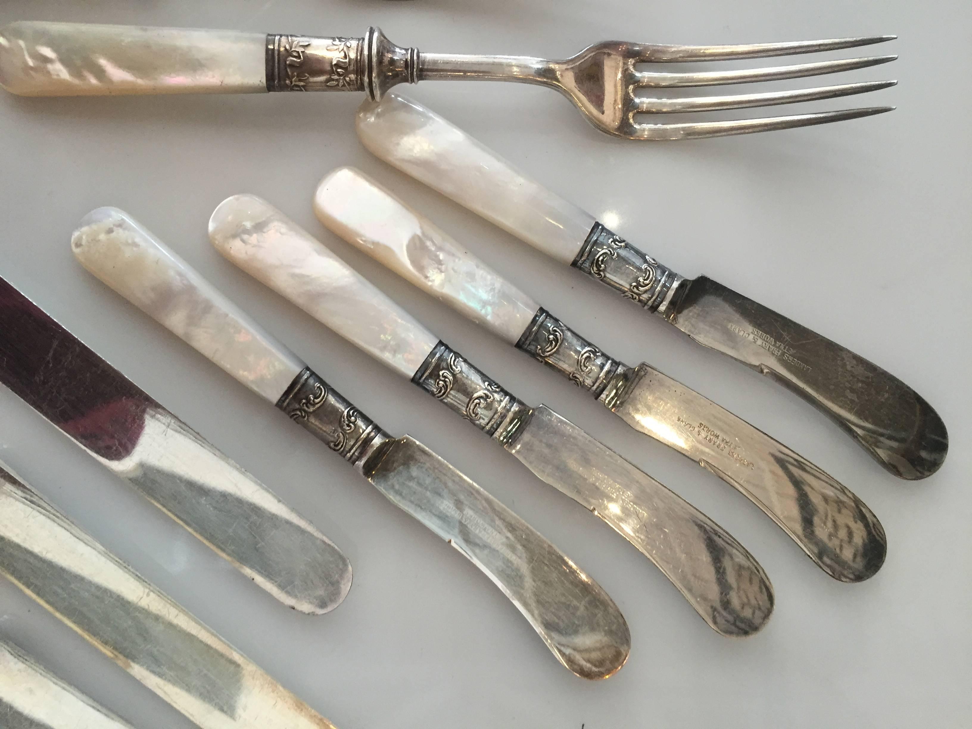 American Antique Fish Flatware Set, Sterling Silver with Mother-of-pearl, Set of 18 For Sale