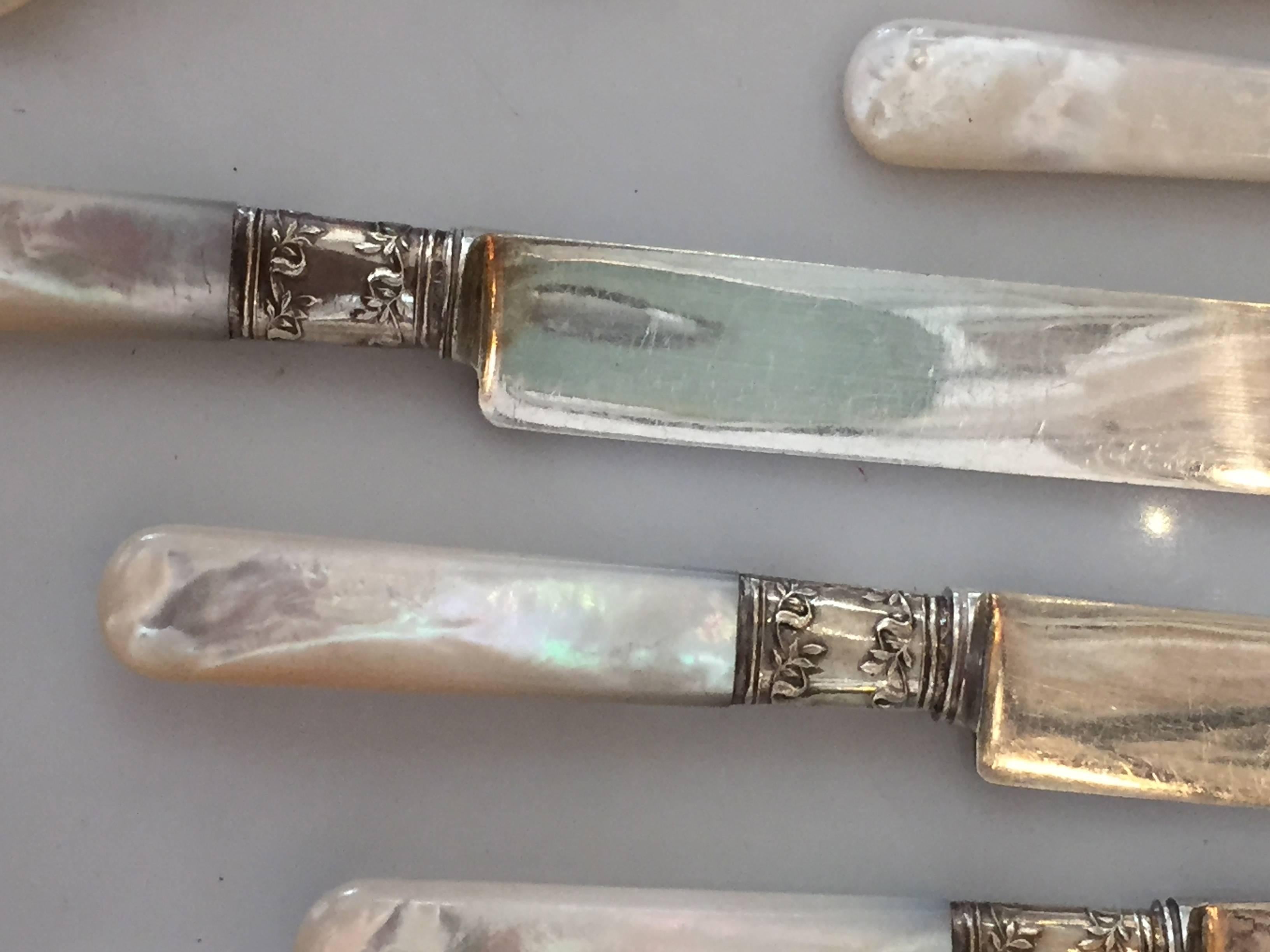 Antique Fish Flatware Set, Sterling Silver with Mother-of-pearl, Set of 18 For Sale 2