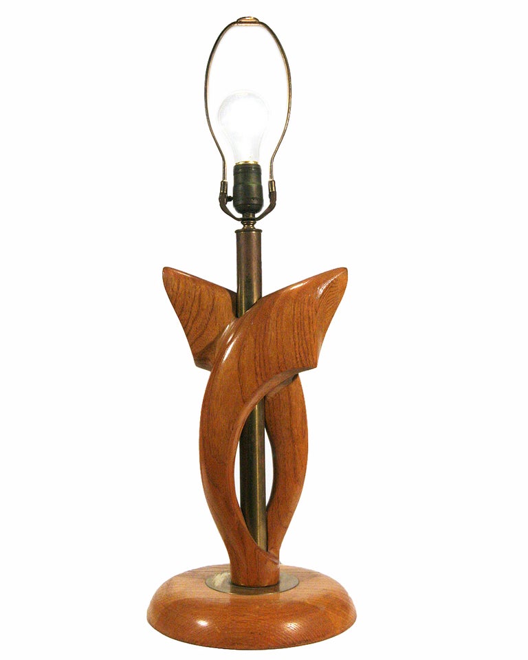 Mid-Century Modern Yasha Heifetz Free-Form Oak and Brass Table Lamps, Pair For Sale
